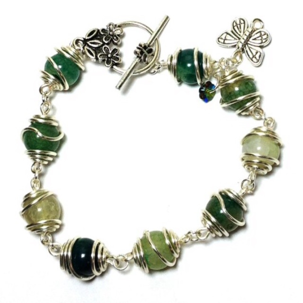 Green agate gemstone Butterfly beaded bracelet
